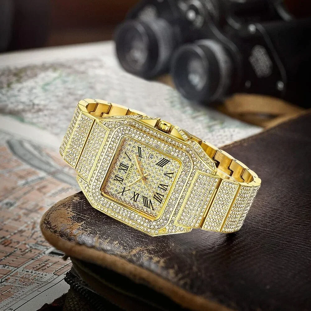 Men's Gold Crystal Bling Rectangle Case Stainless Steel Quartz Analog Watch